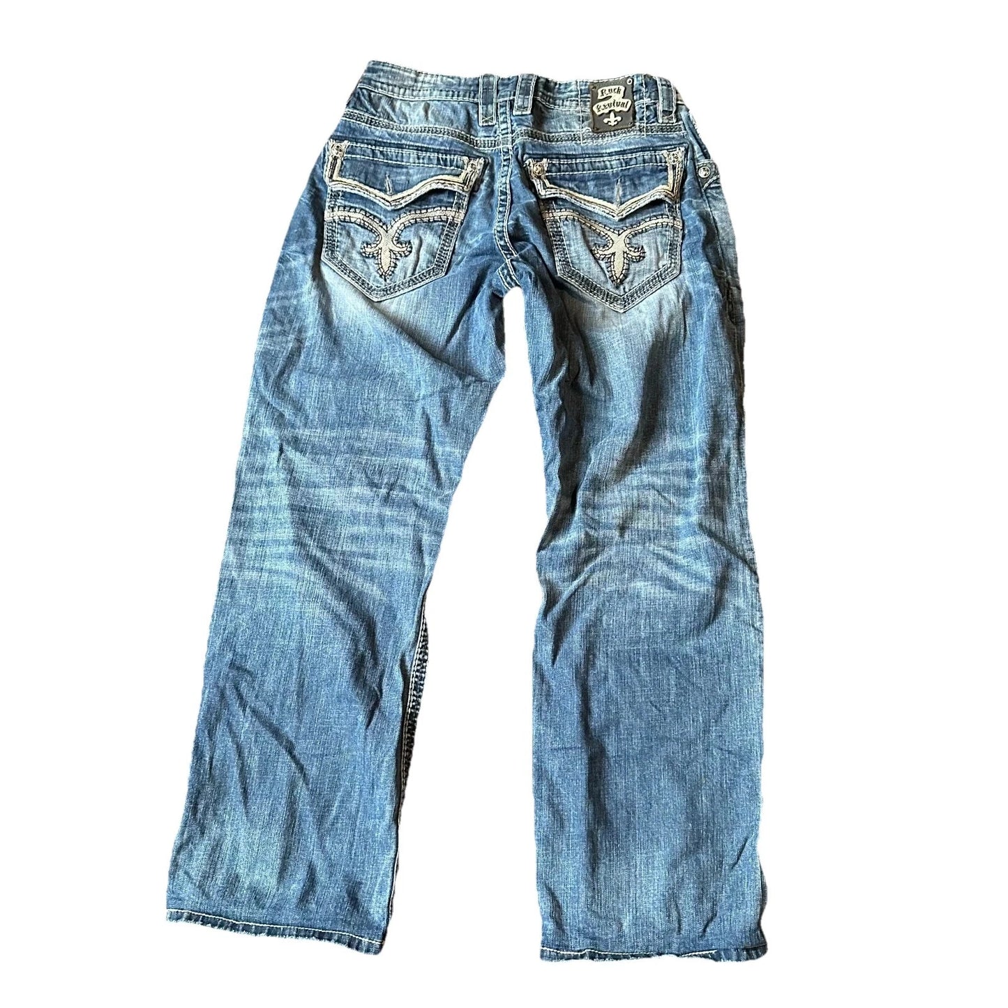 Rock Revival Mens Bold Stitch Blue Denim Jacoby Boot Straight Jeans Size 36
