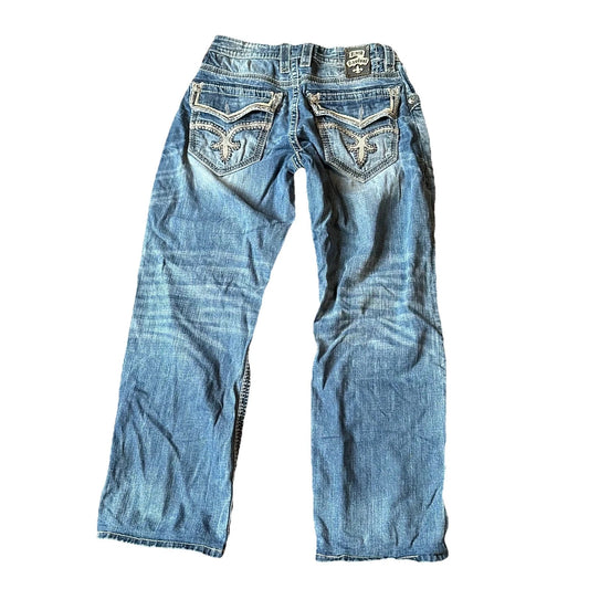 Rock Revival Mens Bold Stitch Blue Denim Jacoby Boot Straight Jeans Size 36