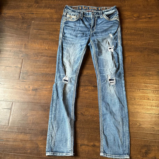 Rock Revival Womens Blue Denim Vitual Pink Distressed Mid Rise Straight Jeans 30
