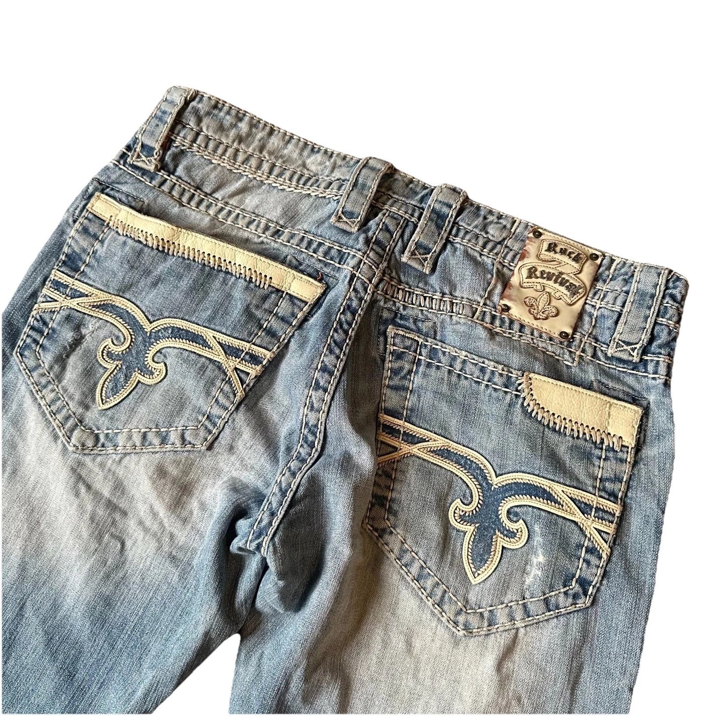 Rock Revival Mens Bold Stitch Blue Denim Distressed Liam Straight Jeans Size 33