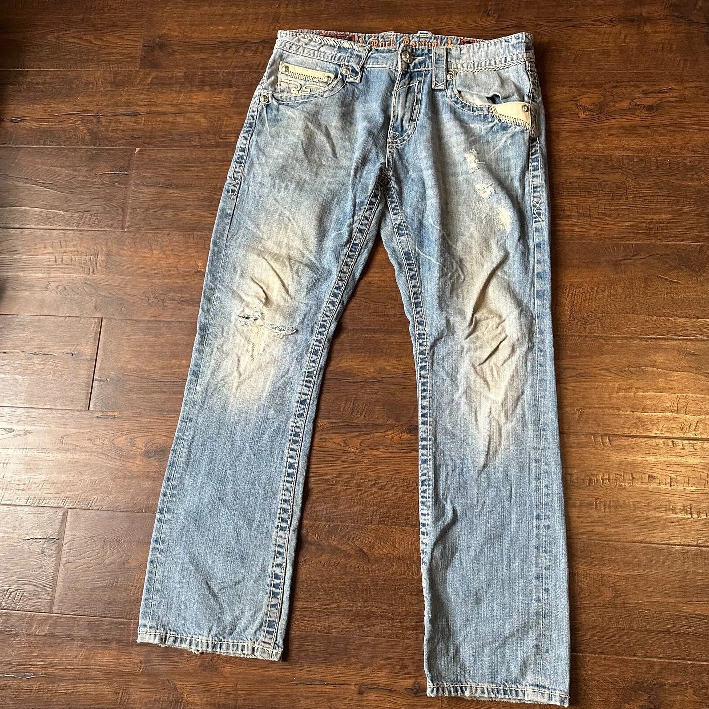 Rock Revival Mens Bold Stitch Blue Denim Distressed Liam Straight Jeans Size 33