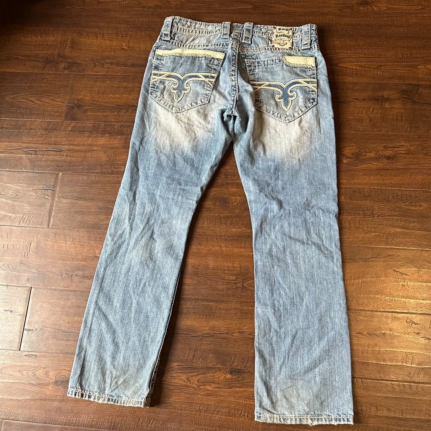 Rock Revival Mens Bold Stitch Blue Denim Distressed Liam Straight Jeans Size 33