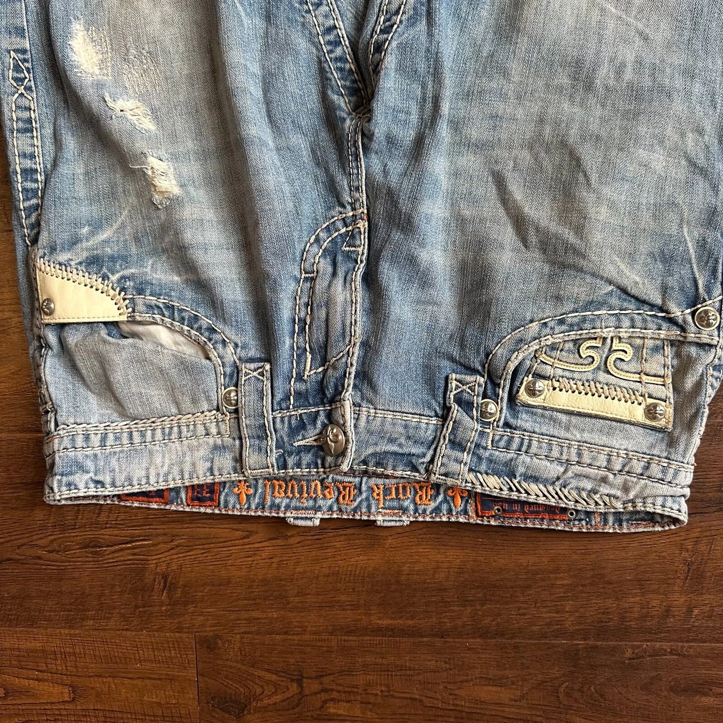 Rock Revival Mens Bold Stitch Blue Denim Distressed Liam Straight Jeans Size 33