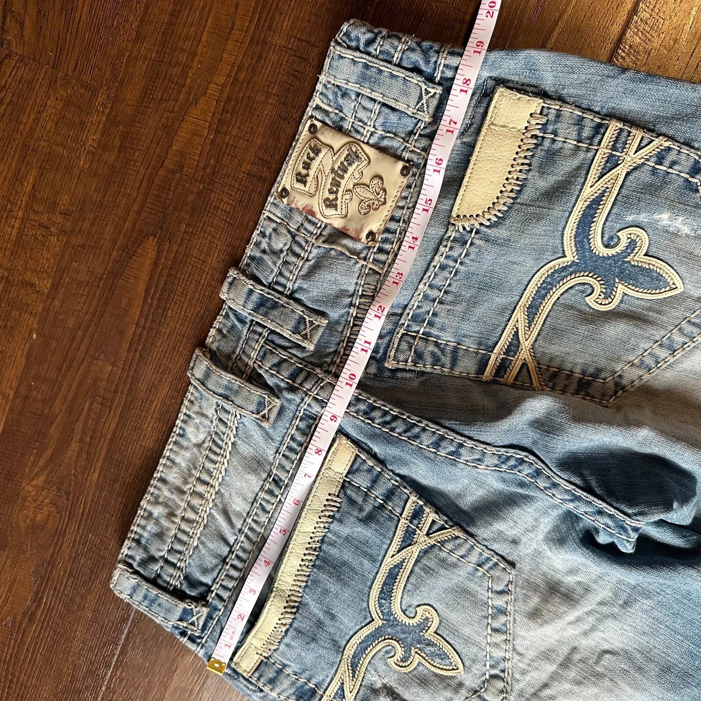 Rock Revival Mens Bold Stitch Blue Denim Distressed Liam Straight Jeans Size 33