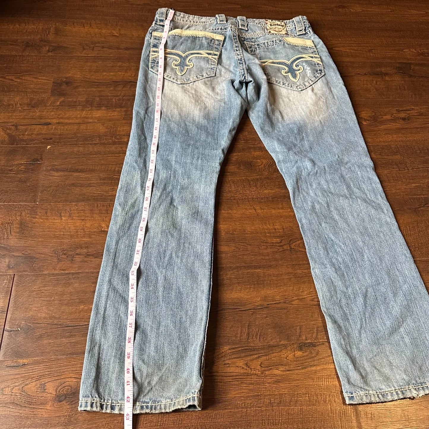 Rock Revival Mens Bold Stitch Blue Denim Distressed Liam Straight Jeans Size 33