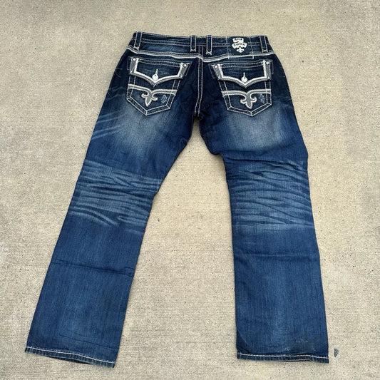 Rock Revival Jeans Mens 38 Straight Stanley Whiskering Embroidered Cowboy Rodeo