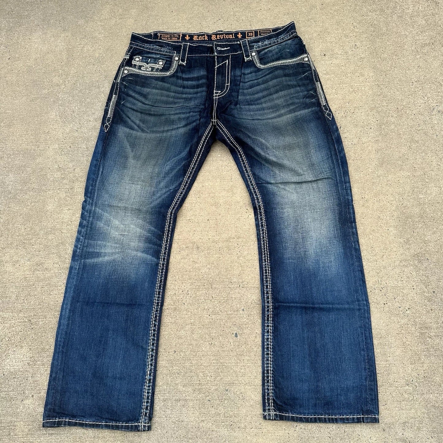 Rock Revival Jeans Mens 38 Straight Stanley Whiskering Embroidered Cowboy Rodeo