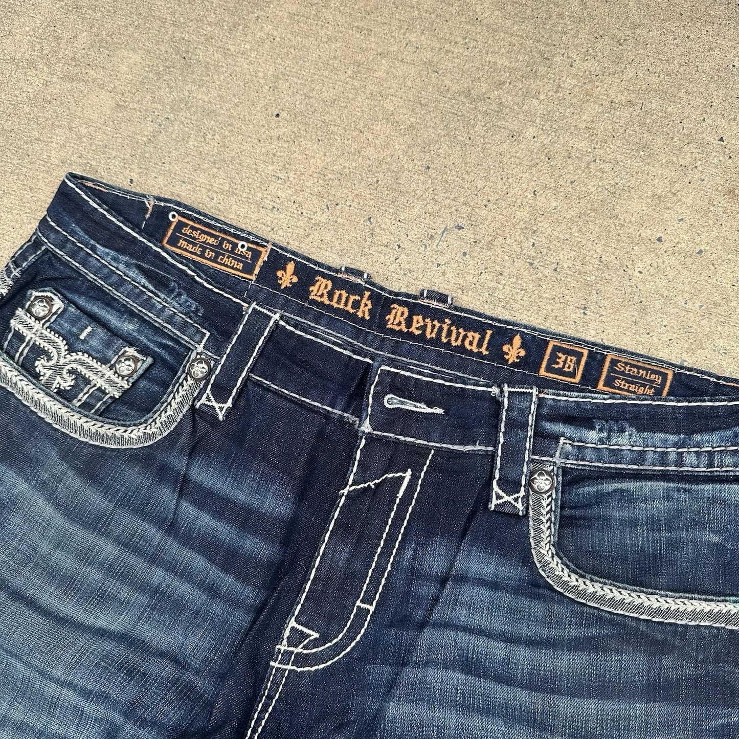 Rock Revival Jeans Mens 38 Straight Stanley Whiskering Embroidered Cowboy Rodeo
