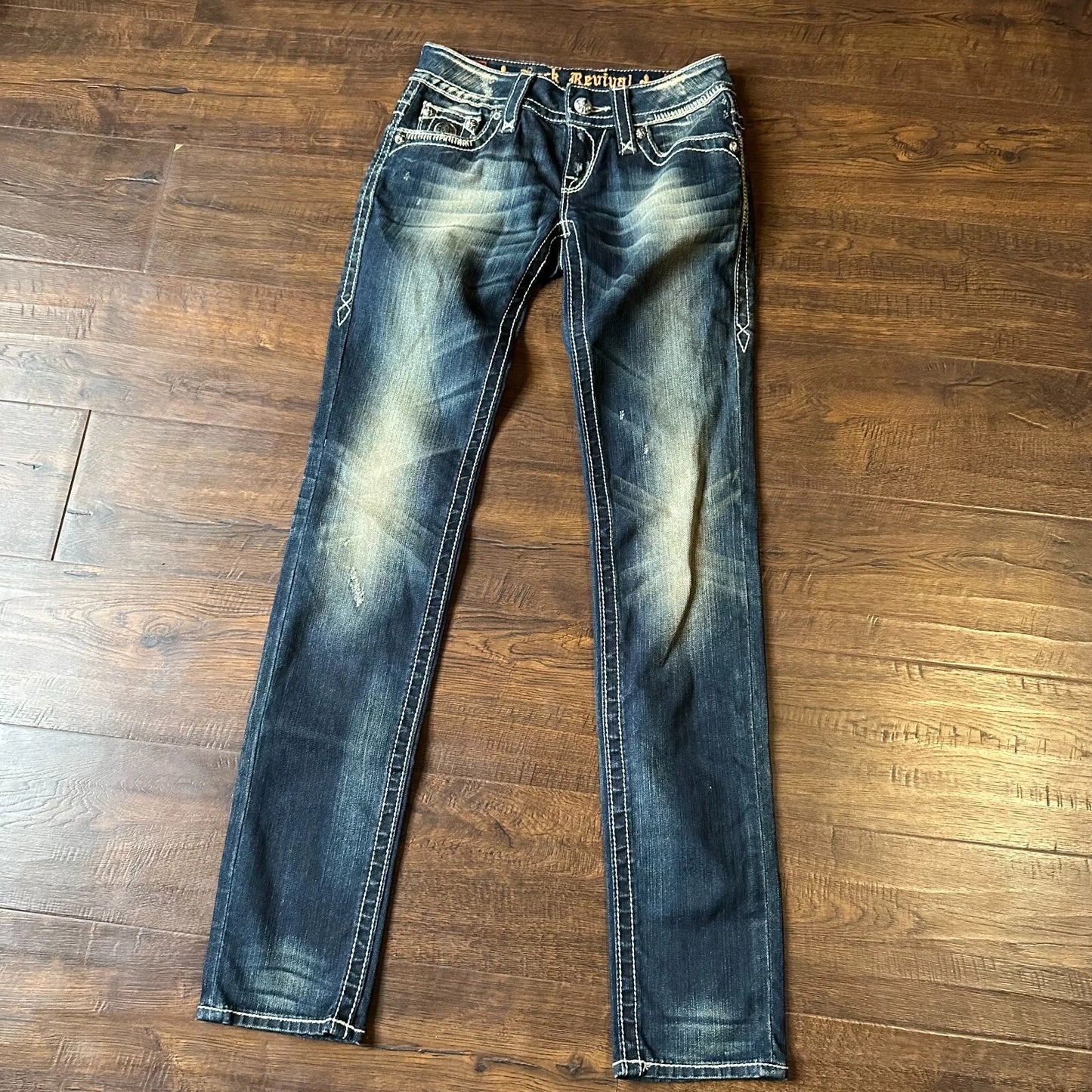 Rock Revival Womens Dark Blue Faded Denim Distressed Jen Skinny Jeans Size 26