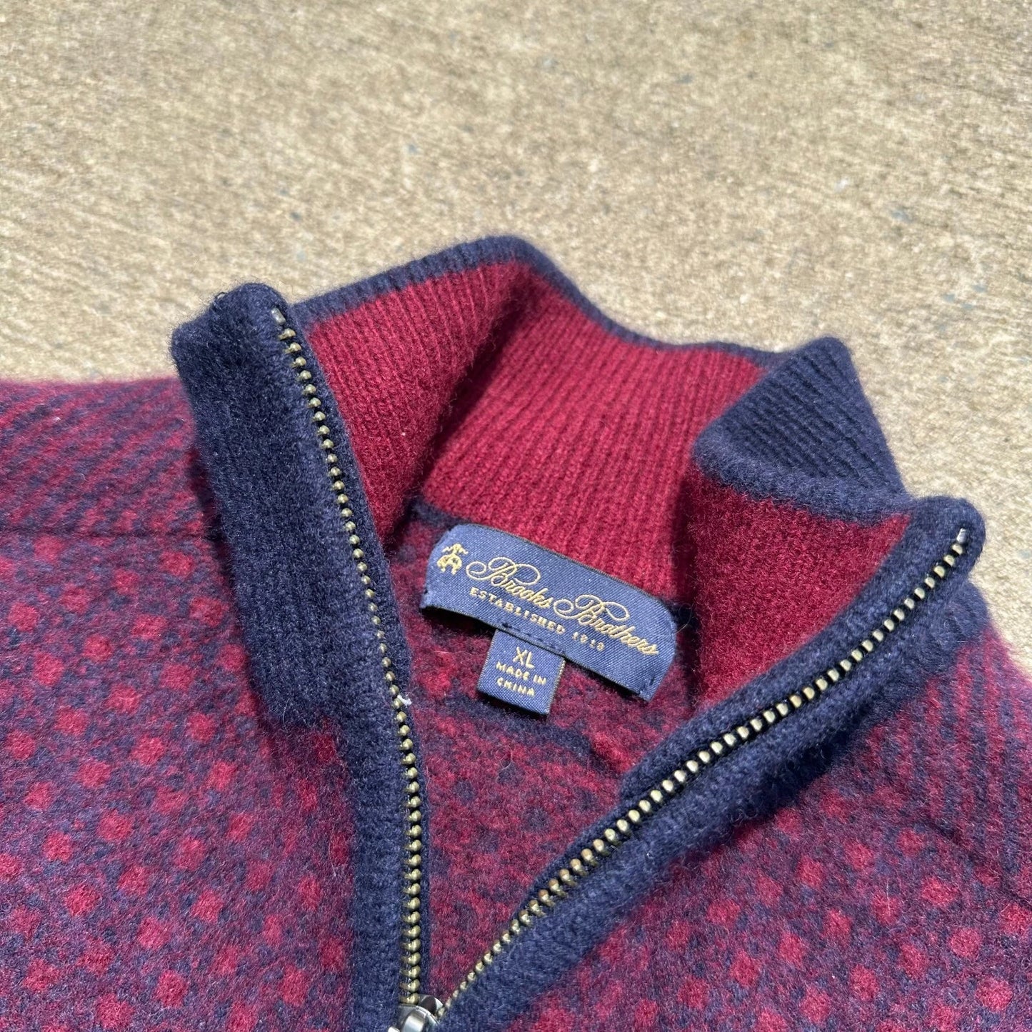 Brooks Brother Mens Maroon Polka Dot Merino Wool 1/4 Zip Pullover Sweater Sz XL