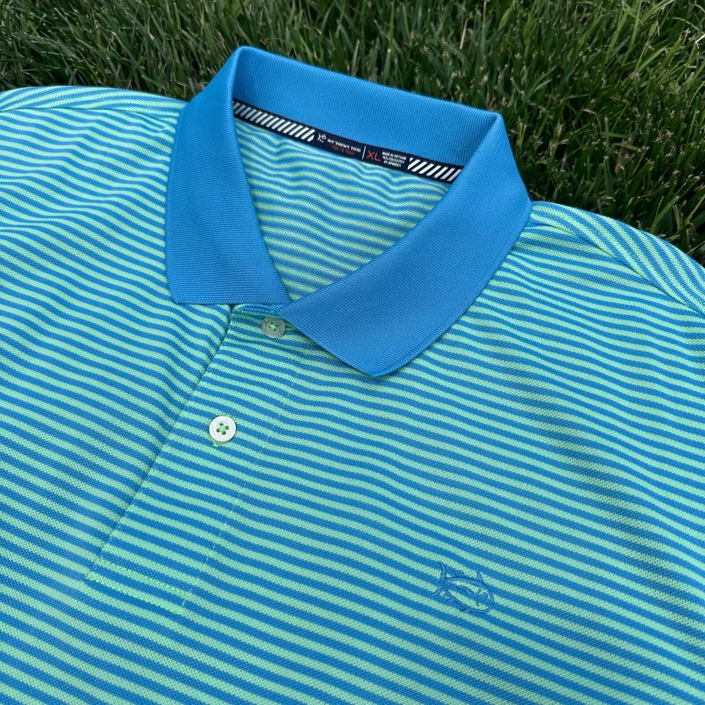 Southern Tide Mens Blue Green Pinstriped Logo Embroidery Golf Polo Shirt Size XL