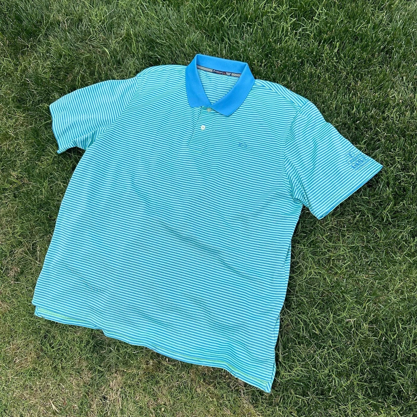 Southern Tide Mens Blue Green Pinstriped Logo Embroidery Golf Polo Shirt Size XL
