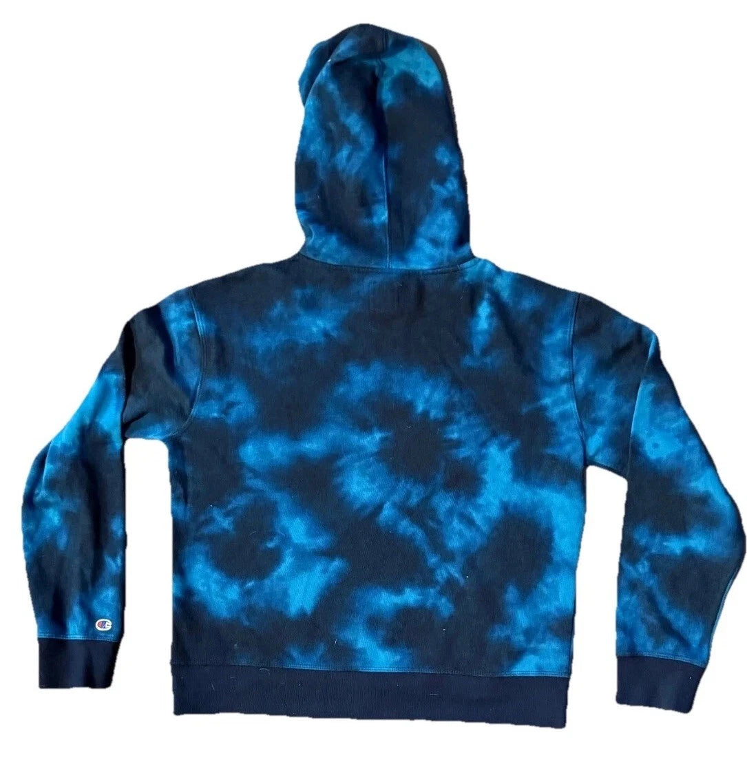 Champion Mens Blue Black Tie Dye Vintage Pocket Drawstring Y2Kl Hoodie Size M