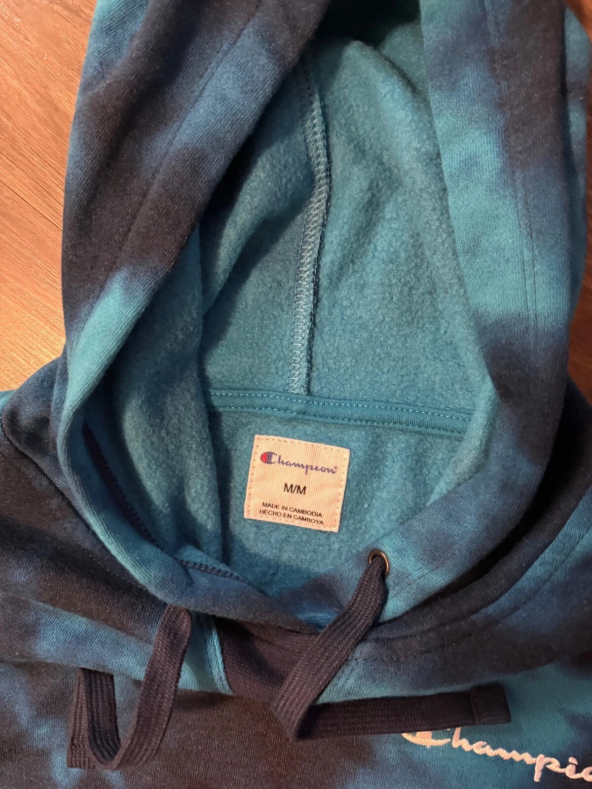 Champion Mens Blue Black Tie Dye Vintage Pocket Drawstring Y2Kl Hoodie Size M
