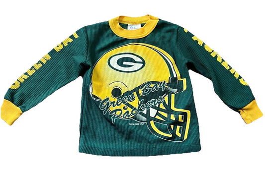 Vintage Green Bay Packers Graphic Waffle Knit Long Sleeve Sweatshirt Youth S