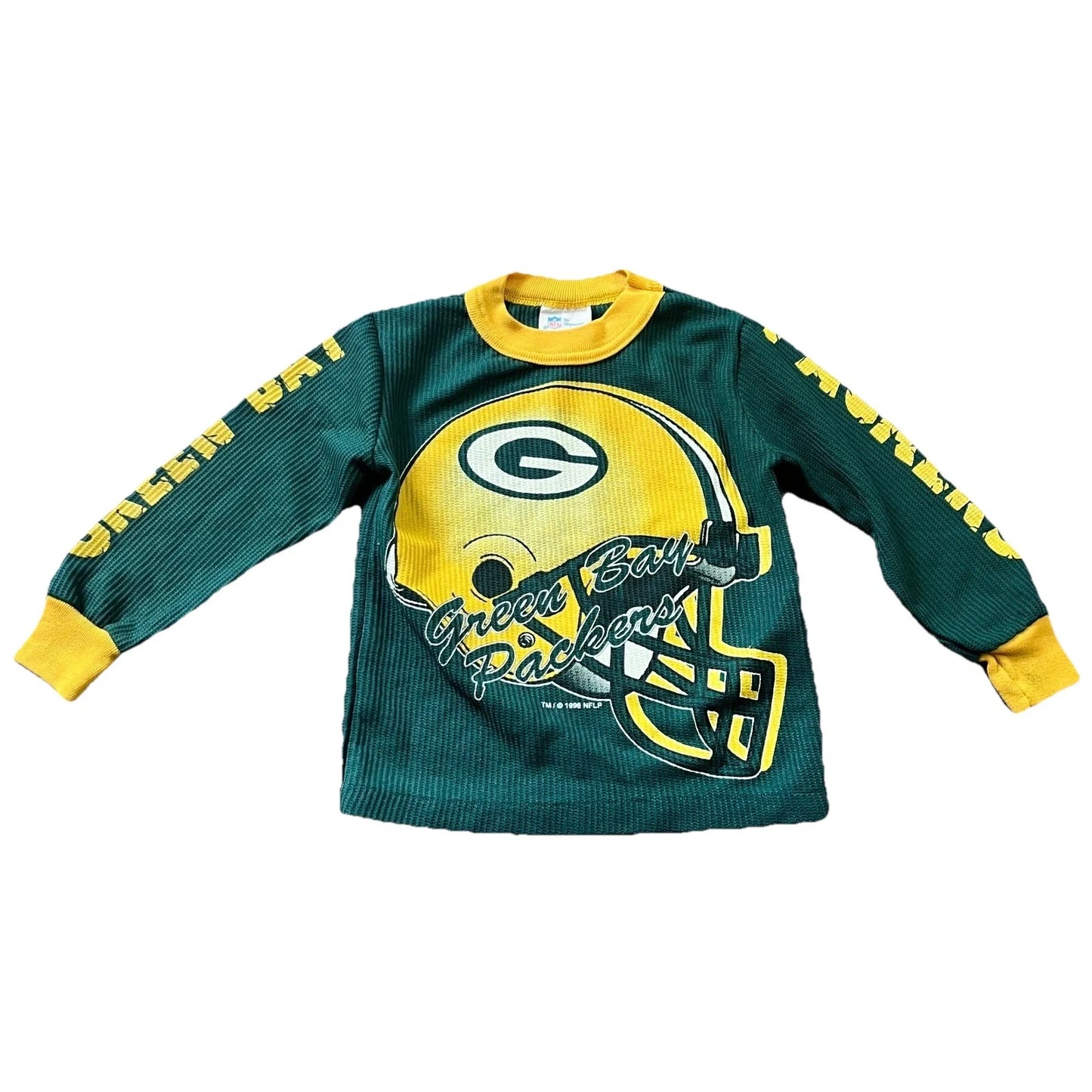 Vintage Green Bay Packers Graphic Waffle Knit Long Sleeve Sweatshirt Youth S