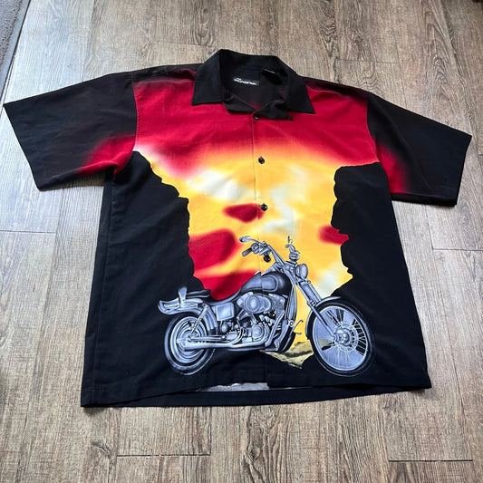 No Boundaries Harley Davidson Motorcycle Hawaiian Biker 90s Button Up Vintage L