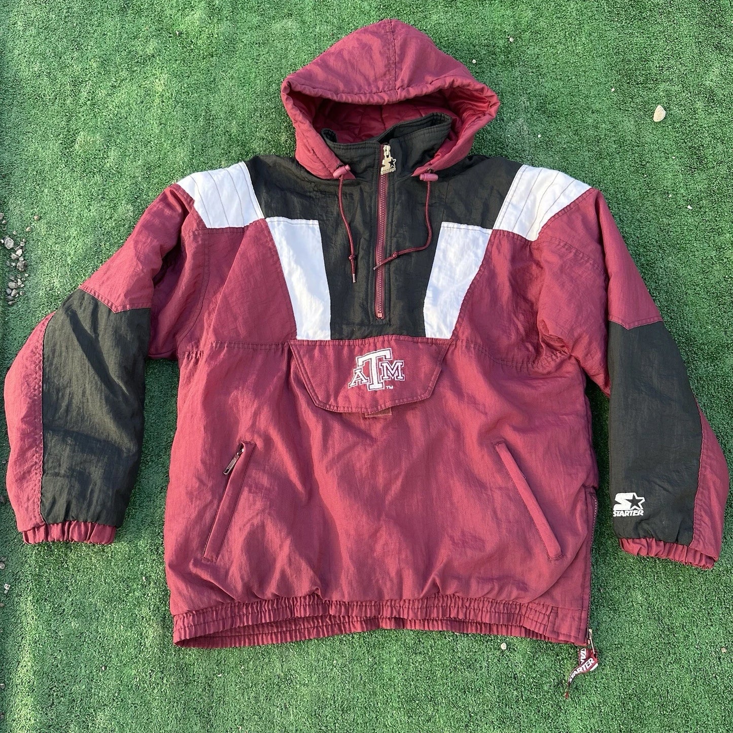Vintage 90s NCAA Starter Texas AM Aggies Pullover 1/2 Zip Hooded Jacket M RARE