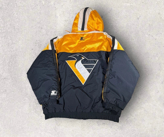 Vintage 90s Starter NHL Pittsburgh Penguins Puffer Jacket Mens L Hooded RARE Y2K