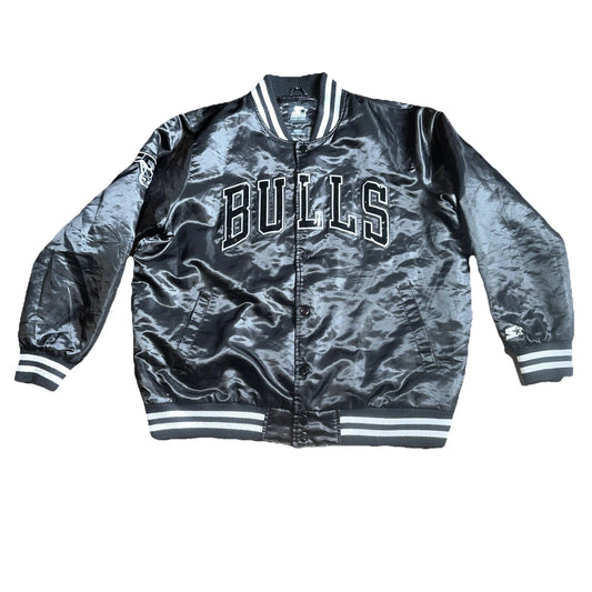 Mens Starter Black Label NBA Chicago Bulls Satin Bomber Jacket Black 2XL RARE