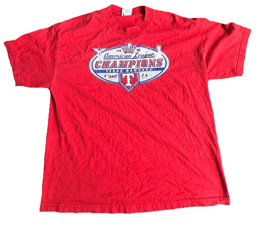 Majestic RARE Red Shirt Texas Rangers 2010 American League Baseball Champions L