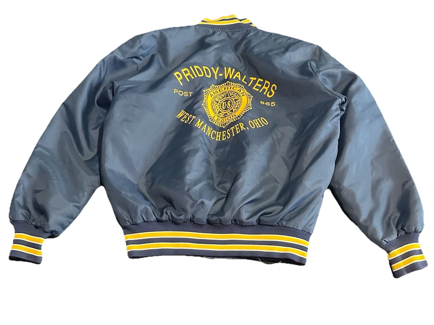 Vintage American Legion Satin Bomber Jacket L Blue Snap Quilted RARE 60s 70s 80s