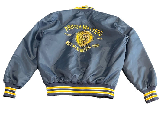 Vintage American Legion Satin Bomber Jacket L Blue Snap Quilted RARE 60s 70s 80s
