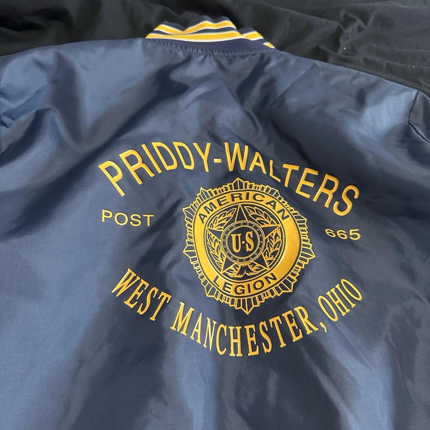 Vintage American Legion Satin Bomber Jacket L Blue Snap Quilted RARE 60s 70s 80s