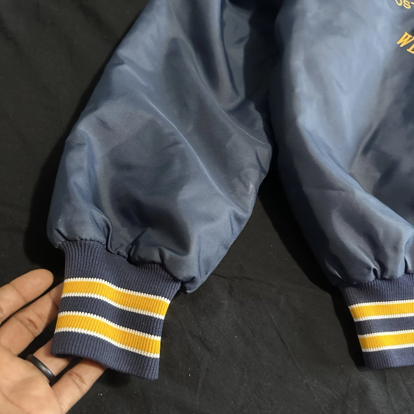 Vintage American Legion Satin Bomber Jacket L Blue Snap Quilted RARE 60s 70s 80s
