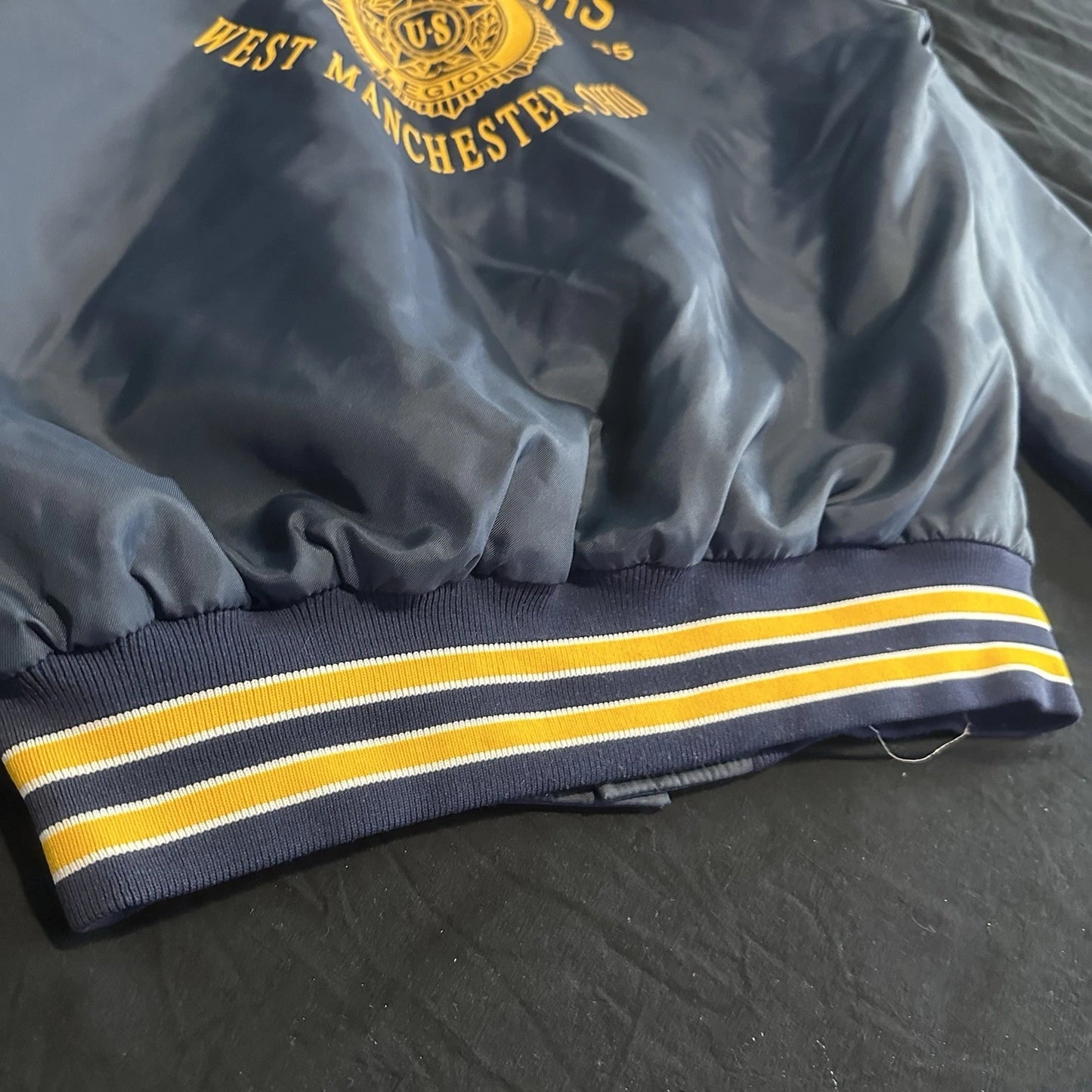 Vintage American Legion Satin Bomber Jacket L Blue Snap Quilted RARE 60s 70s 80s