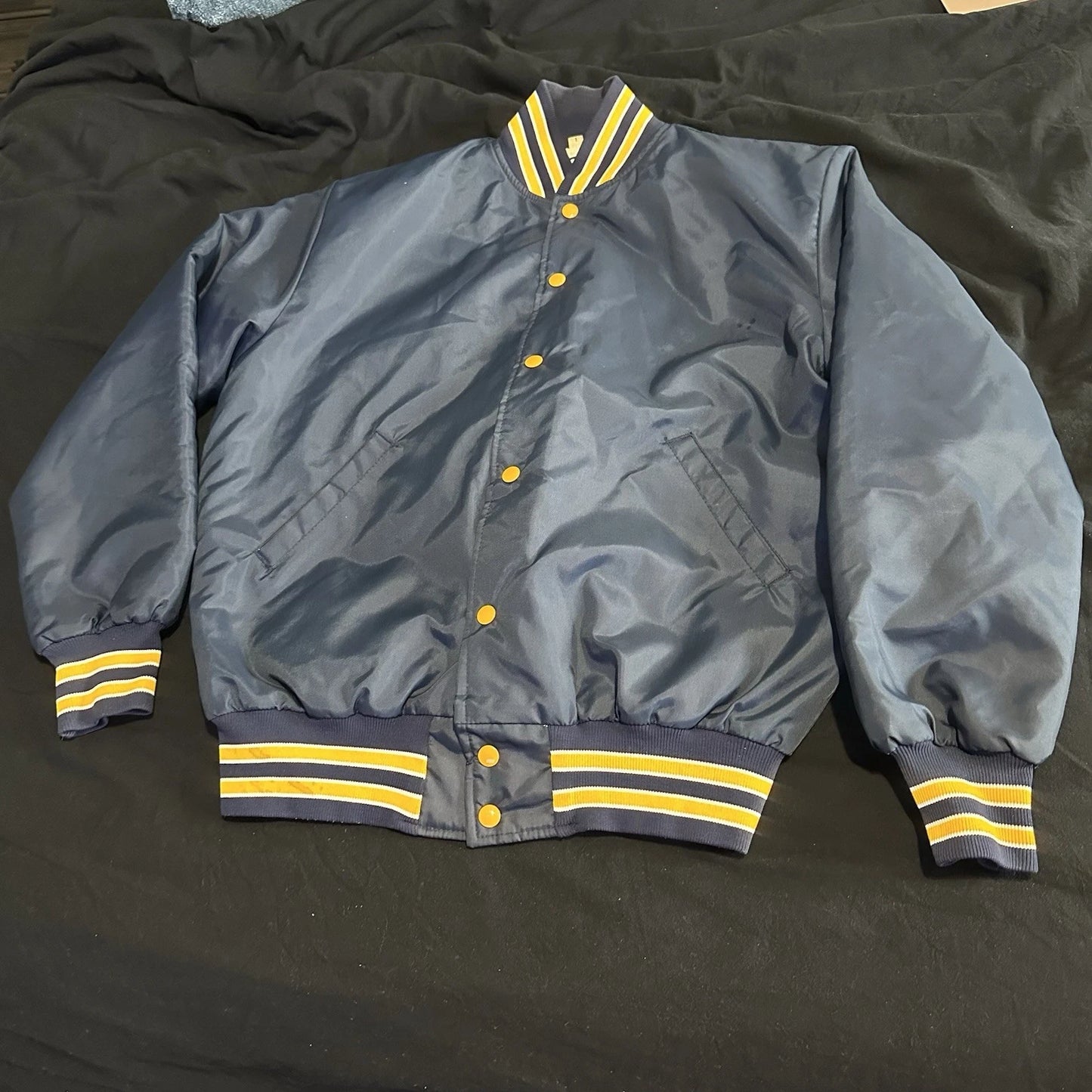 Vintage American Legion Satin Bomber Jacket L Blue Snap Quilted RARE 60s 70s 80s