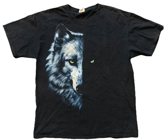 Fruit Of The Loom Mens Black Wolf Print Graphic Heavy Cotton T-Shirt Size Large