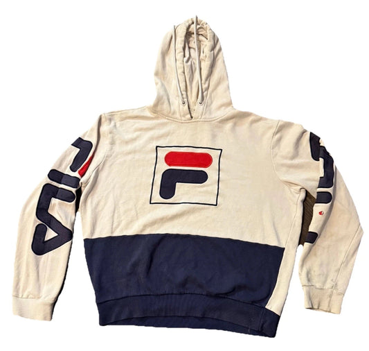 Fila Mens White Blue Logo Vintage Ribbed Sherpa Lining Rare Hoodie Size M