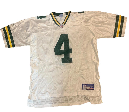 Reebok Mens White Green Bay Packers Brett Favre #4 Vintage NFL Jersey Large