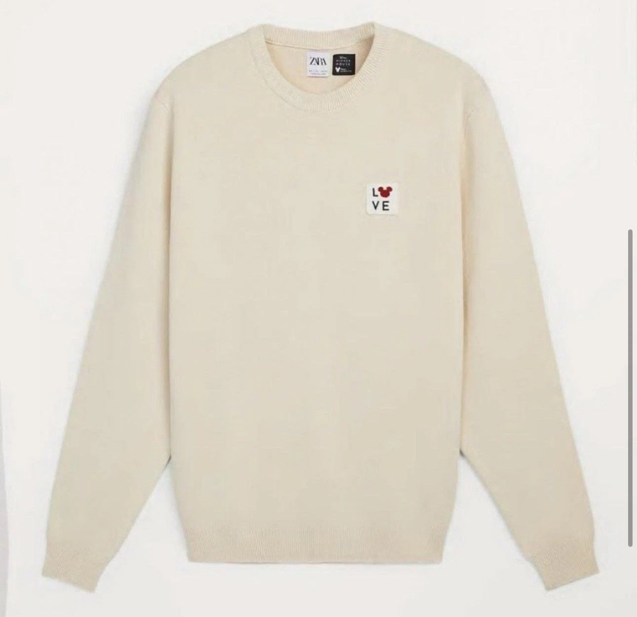 Zara Love Mickie Mouse Patch Mens Ivory Ribbed Classic Knit Pullover Sweater M