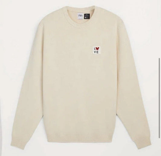 Zara Love Mickie Mouse Patch Mens Ivory Ribbed Classic Knit Pullover Sweater M