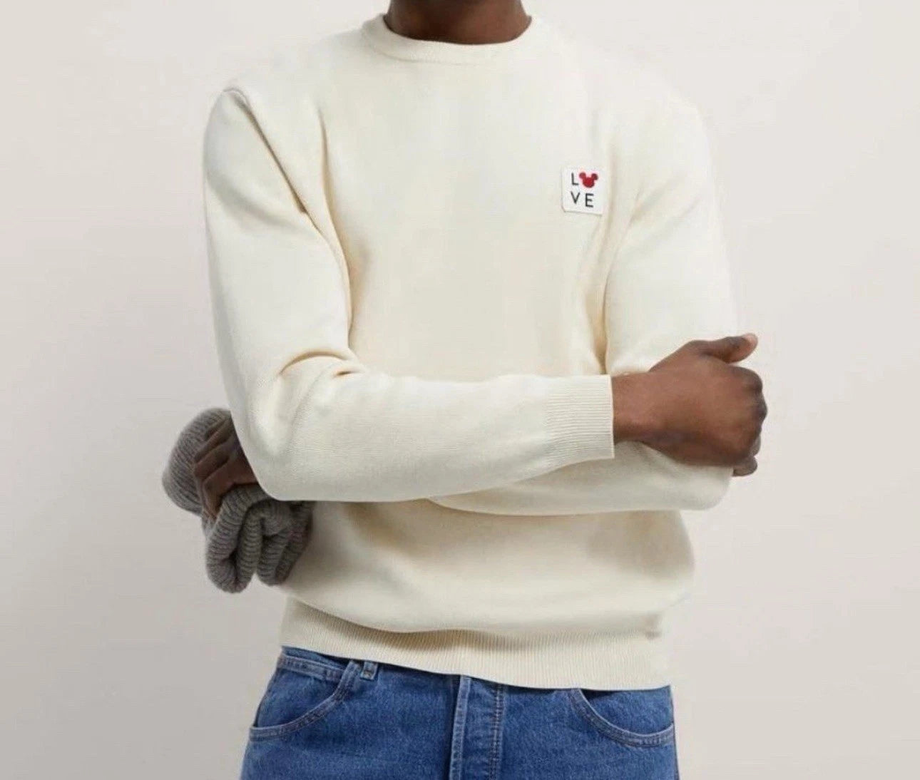 Zara Love Mickie Mouse Patch Mens Ivory Ribbed Classic Knit Pullover Sweater M