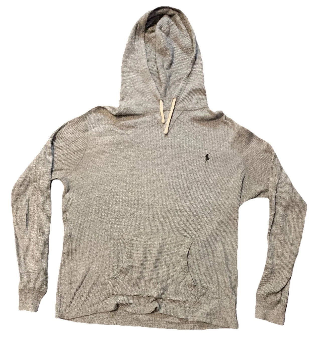 Polo Ralph Lauren Mens Gray Waffle Knit Pullover Drawstring Hoodie Size Medium
