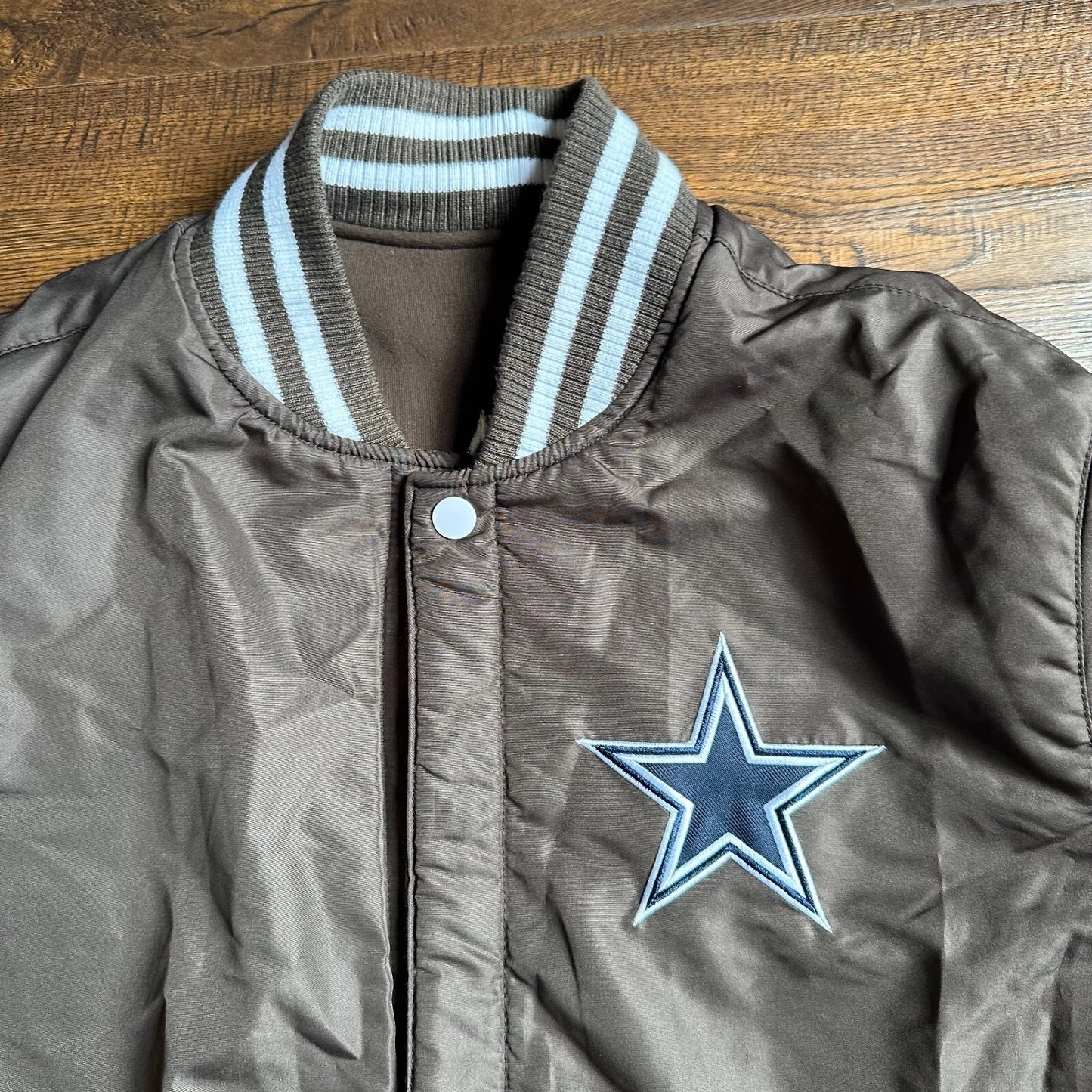 Dallas Cowboys Mens Brown/White Full-Zip Reversible Letterman NFL Jacket NFL