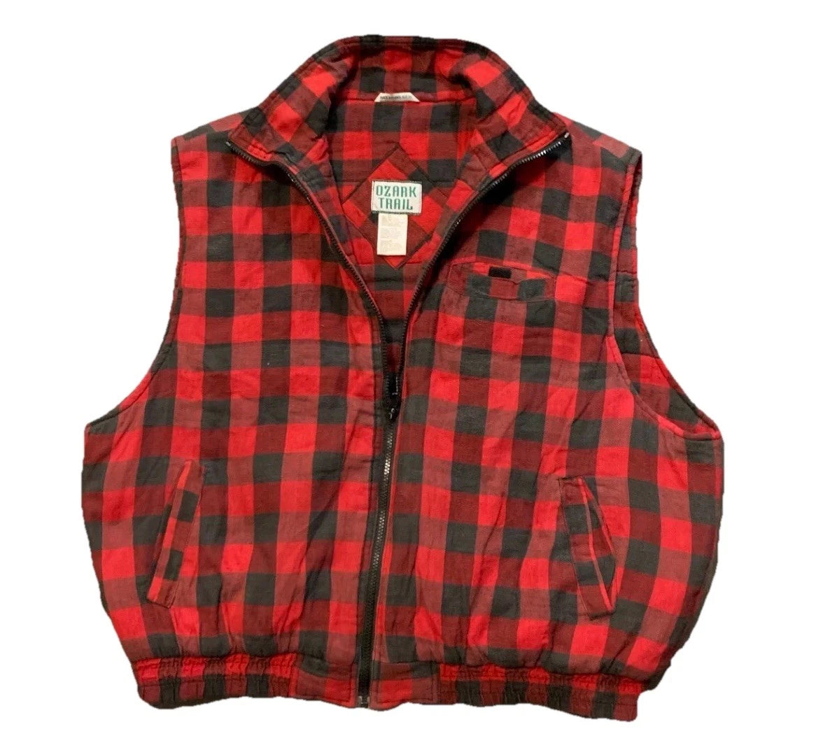 Vintage Ozark Trail Mens Red Black Buffalo Plaid Puffer Jacket Vest Rare XL