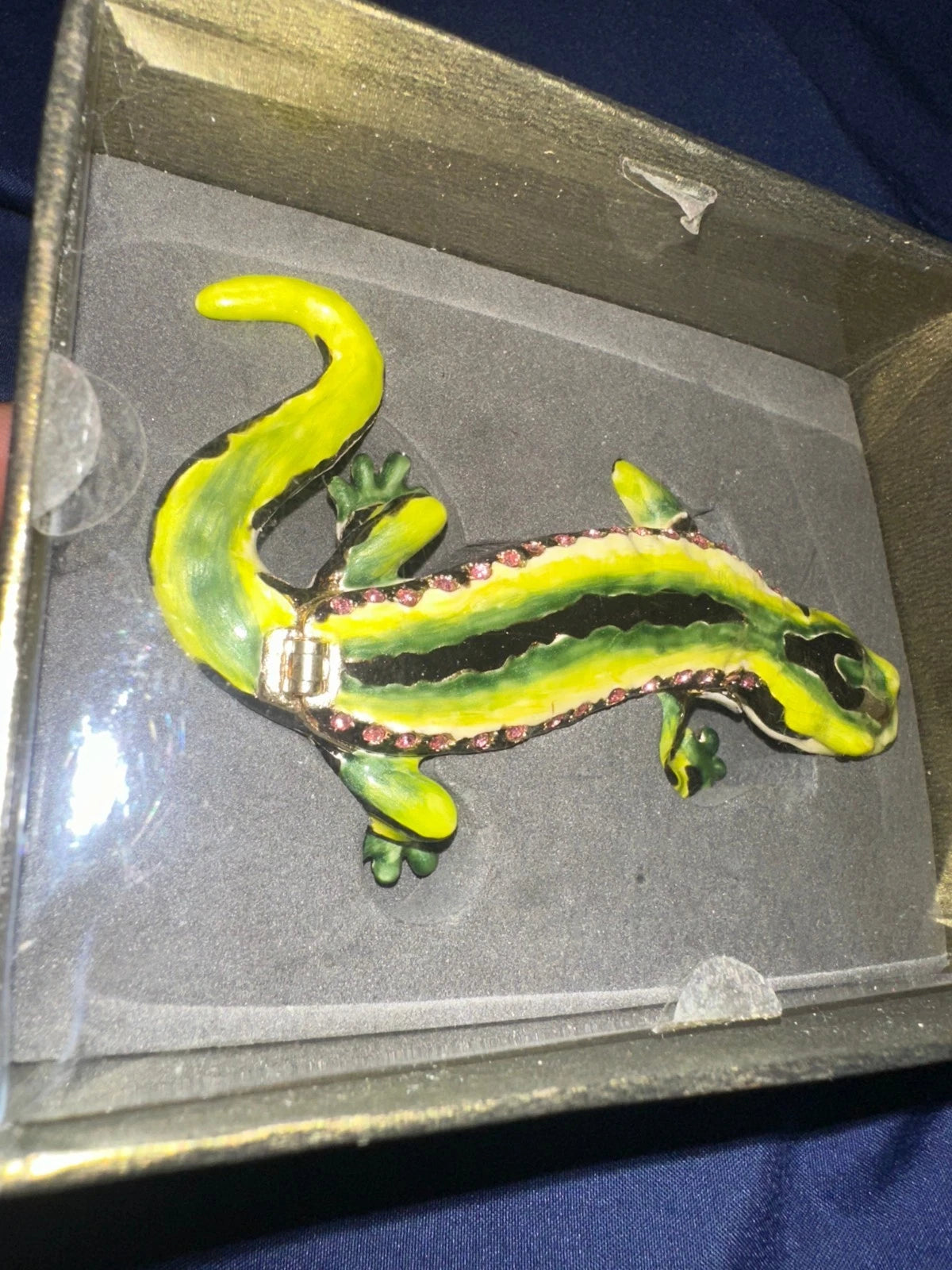 Green Lizard Enamel Hinged Lid Jeweled Crystal Magnet Jewelry Trinket Box