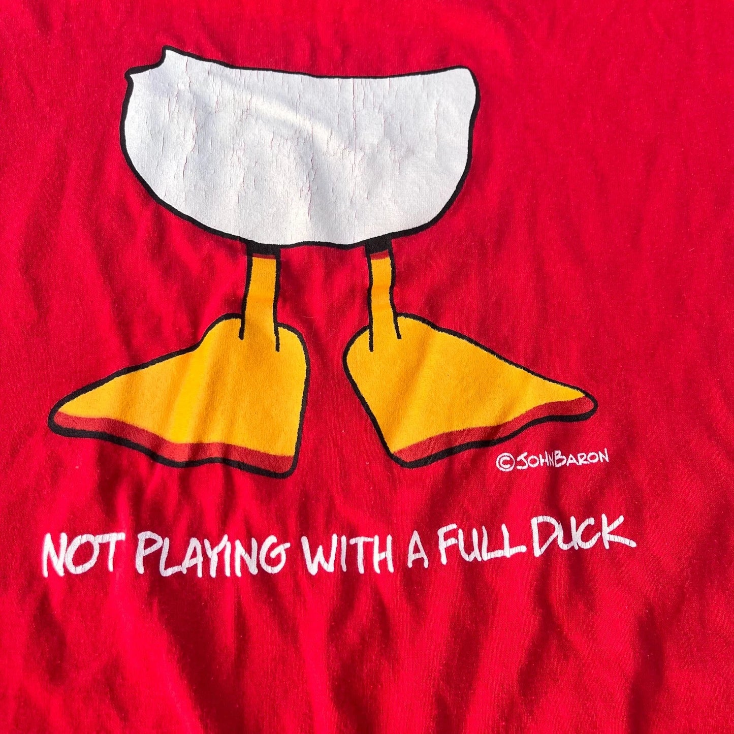 Vintage Mens Red John Baron Not Playing With A Full Duck Comic Art T Shirt Large