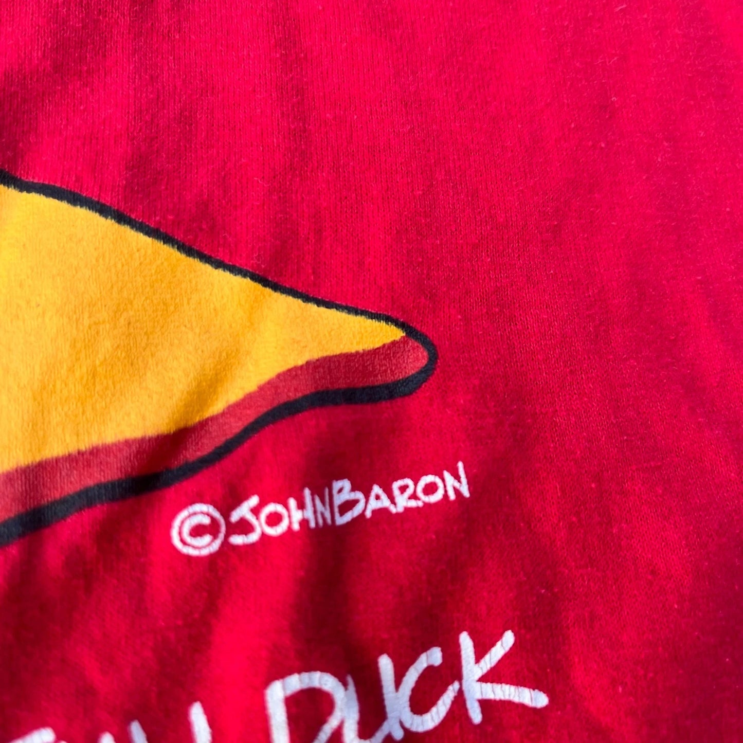 Vintage Mens Red John Baron Not Playing With A Full Duck Comic Art T Shirt Large