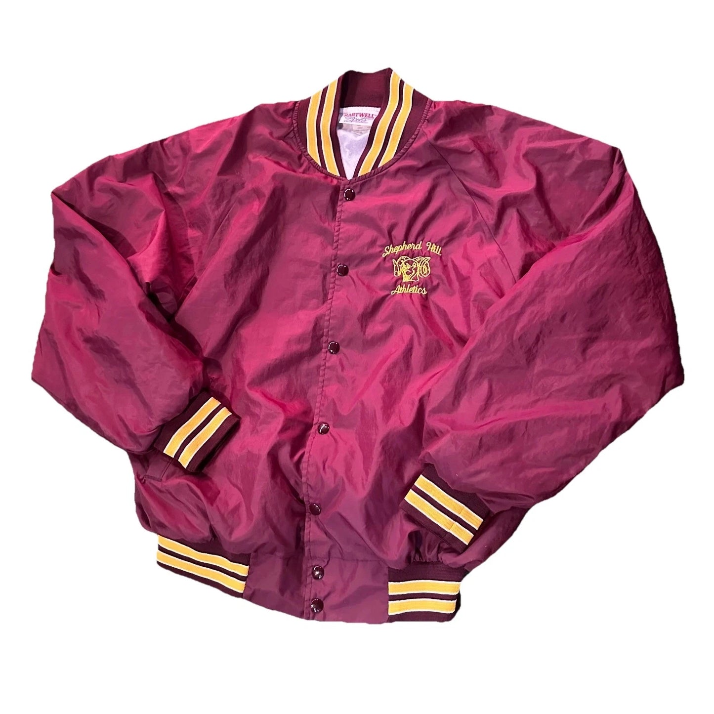 1990s Vintage Mens Maroon Satin Shepherd Hill Athletic Bomber Jacket Size XL