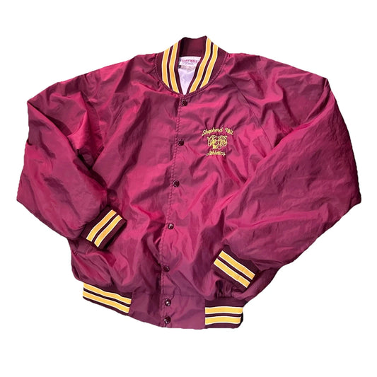 1990s Vintage Mens Maroon Satin Shepherd Hill Athletic Bomber Jacket Size XL