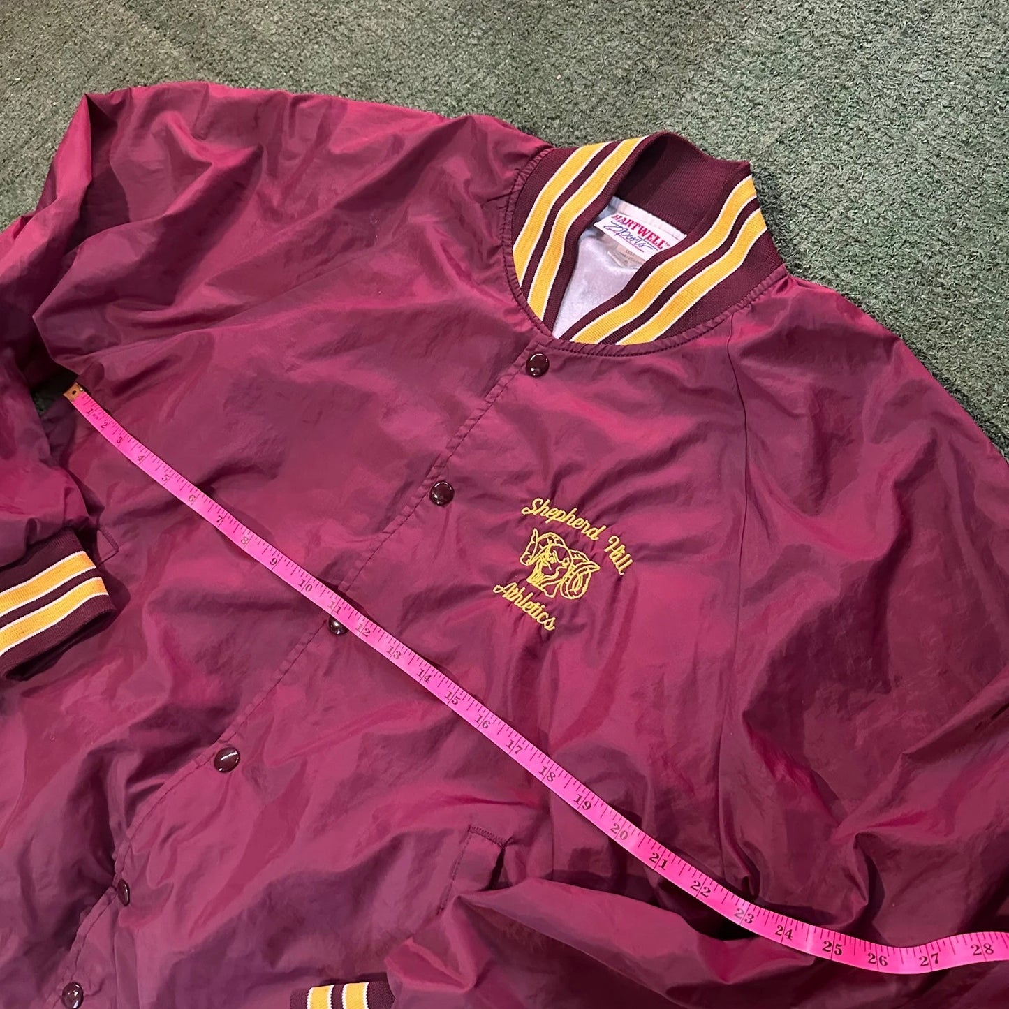 1990s Vintage Mens Maroon Satin Shepherd Hill Athletic Bomber Jacket Size XL