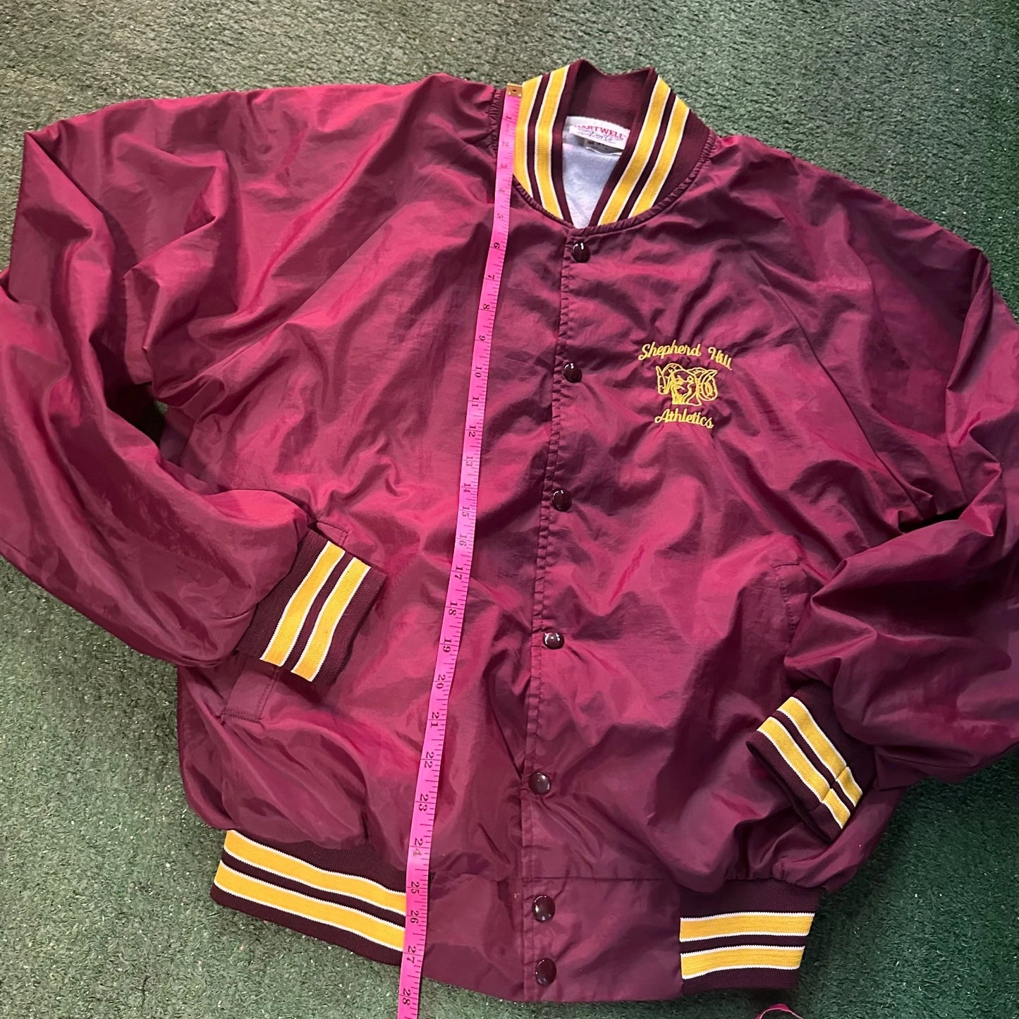1990s Vintage Mens Maroon Satin Shepherd Hill Athletic Bomber Jacket Size XL