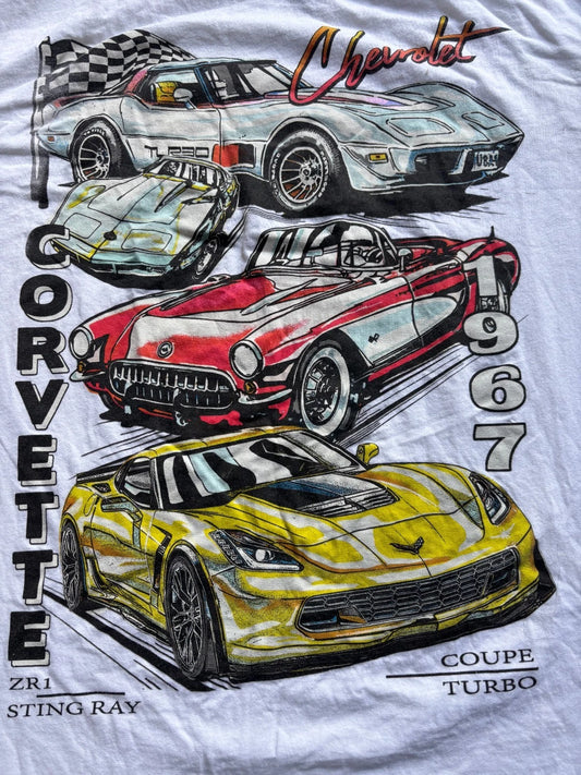 Chemistry Mans White GORVETTE 1967 ZR-1 Chevrolet Graphic Cotton Tees Large