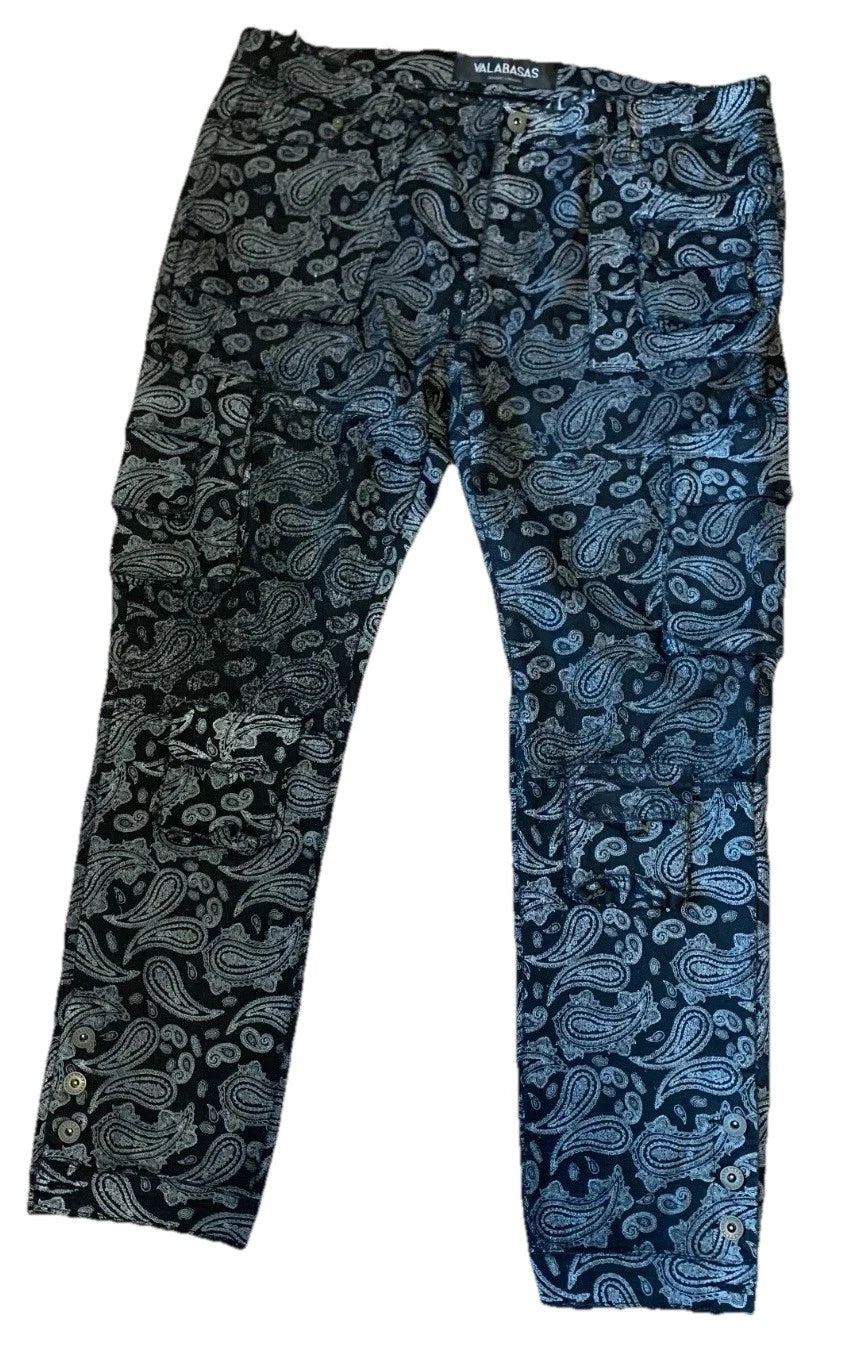 Valabasas Mens Black Paisley Print Relaxed Rigid Gusset Detail Cargo Size 40