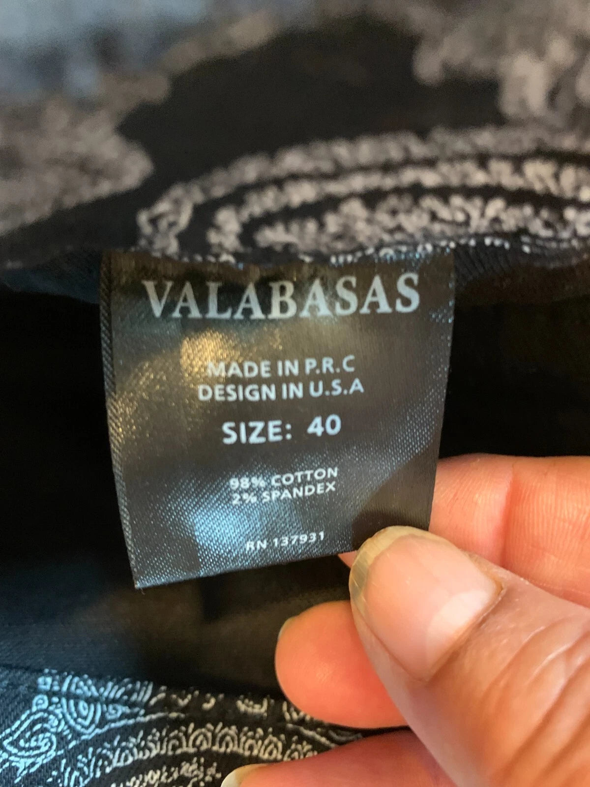 Valabasas Mens Black Paisley Print Relaxed Rigid Gusset Detail Cargo Size 40